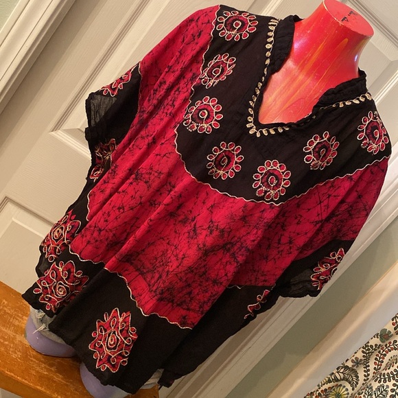 Tops - Handmade Embroidered Red and Black Women's Poncho Top